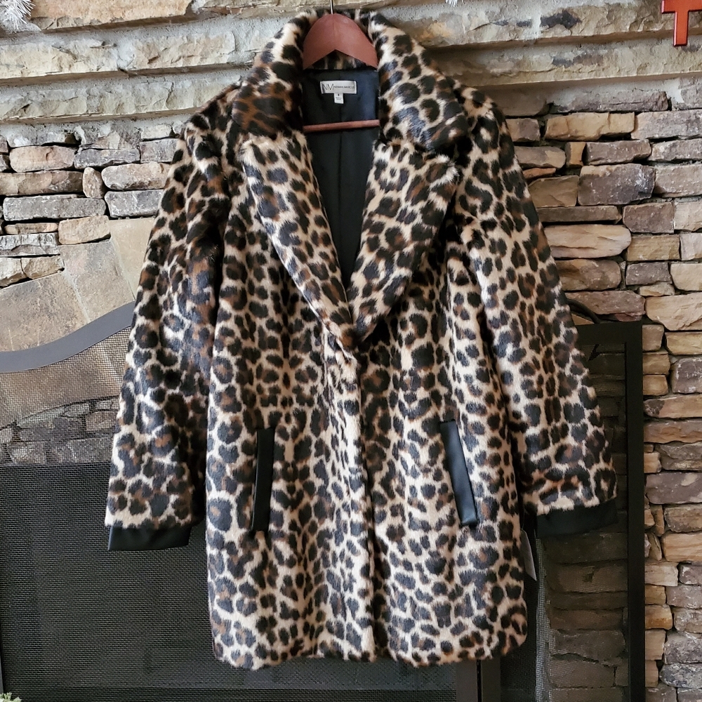 ❤️Last Chance !! Neiman Marcus  Faux-Fur Leopard Faux-Leather Trim Coat